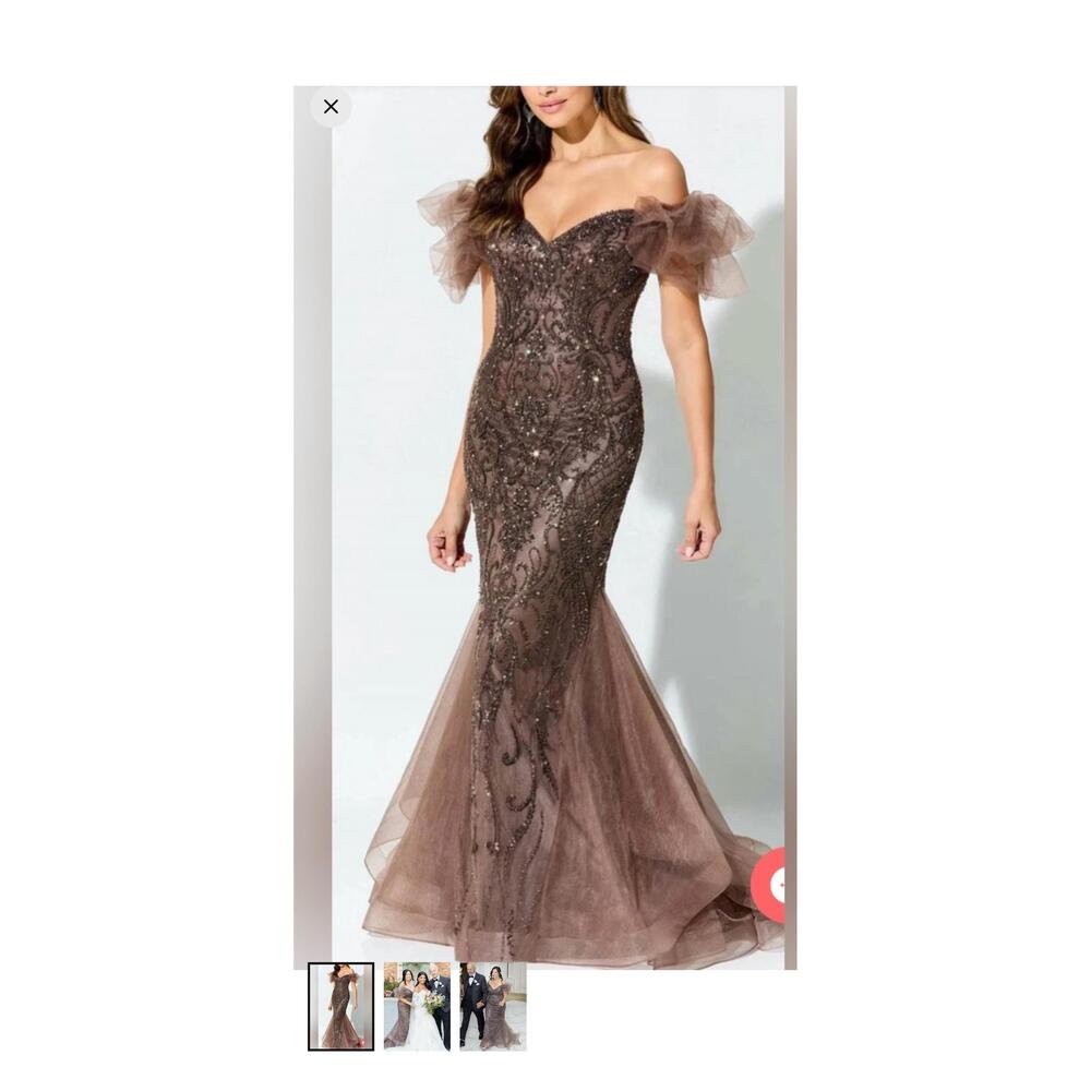 NEW IVONNE D beaded gown in mocha